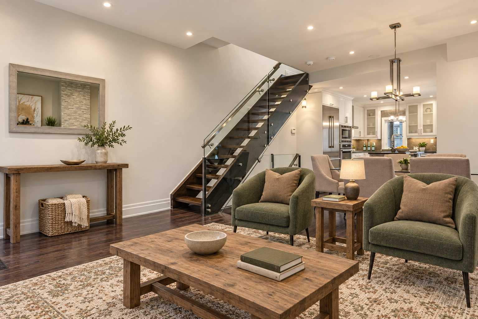A renovated living room with hardwood flooring, crisp baseboards, and carefully finished trim.