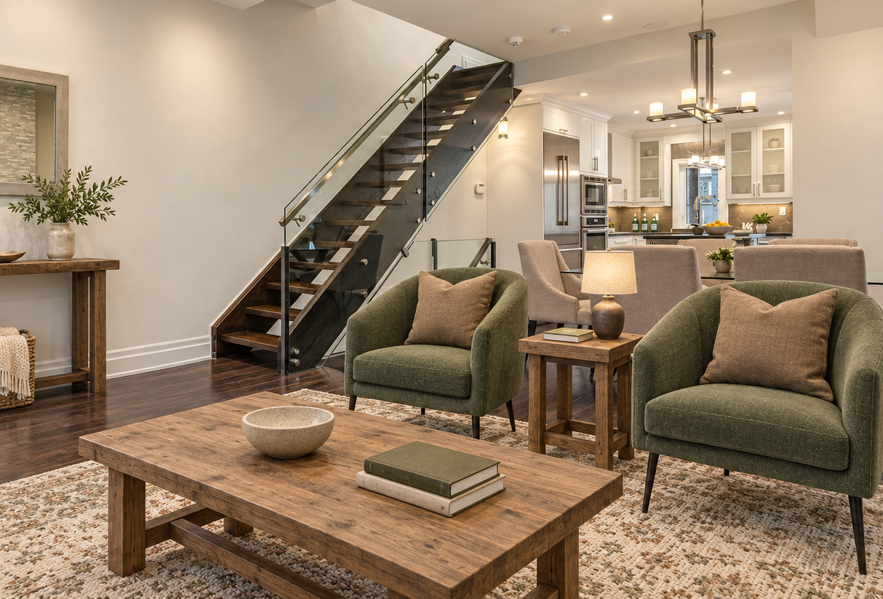 A renovated living room with hardwood flooring, crisp baseboards, and carefully finished trim.