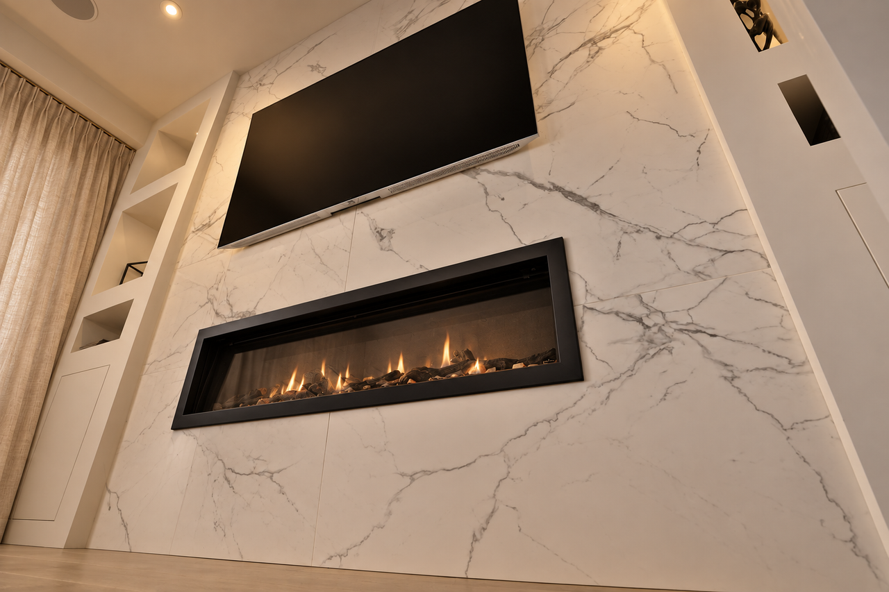A floor-to-ceiling marble media wall brings together a fireplace, a wall-mounted TV, and shelving.
