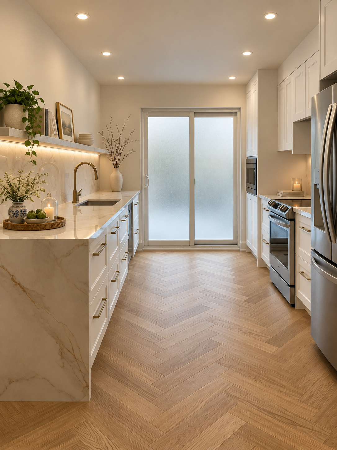 A full kitchen renovation with chevron flooring, marble countertops, and open shelving for display.