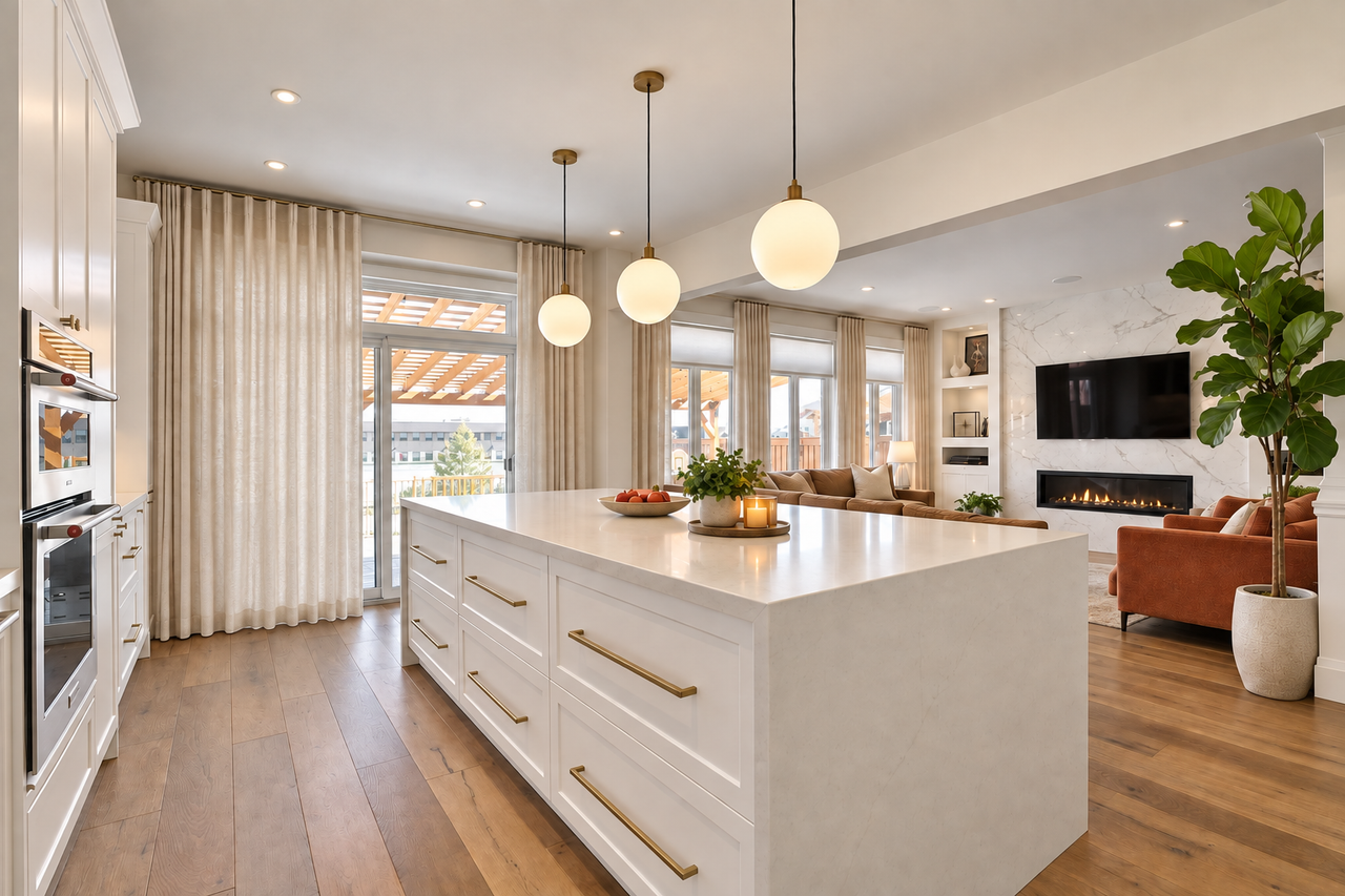 An open living room and kitchen renovation with hardwood floors, an island, a media wall, an appliance wall, and coordinating gold hardware.