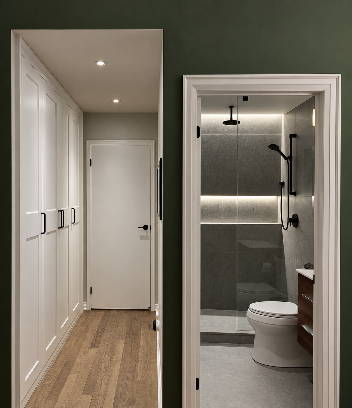 A modern bathroom with generous recessed niches, dark fixtures, and coordinated tile and stone finishes.