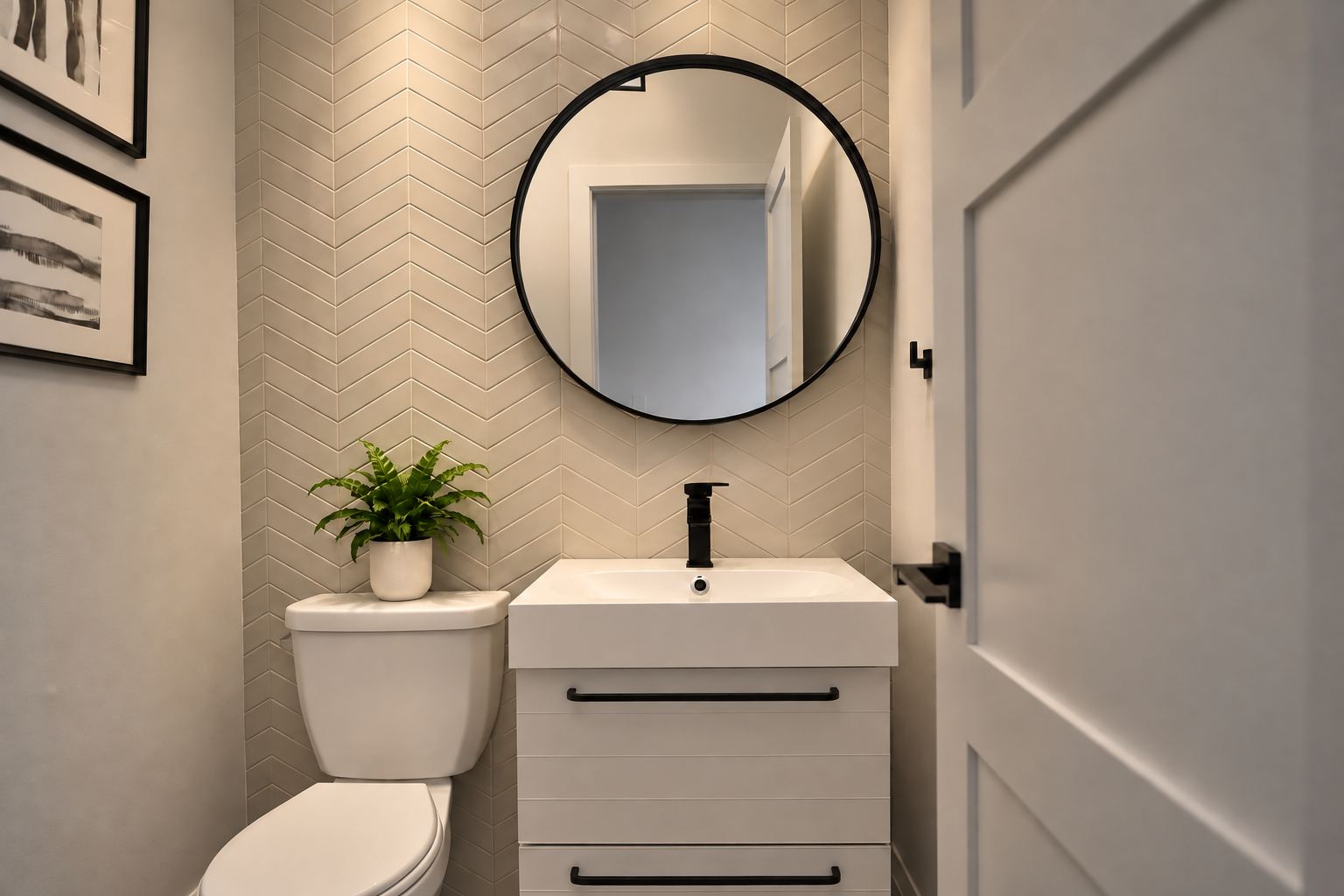 A renovated powder room with chevron tiles, where a distinctive pattern gives a compact space its character.