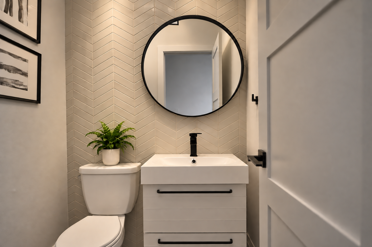 A renovated powder room with chevron tiles, where a distinctive pattern gives a compact space its character.
