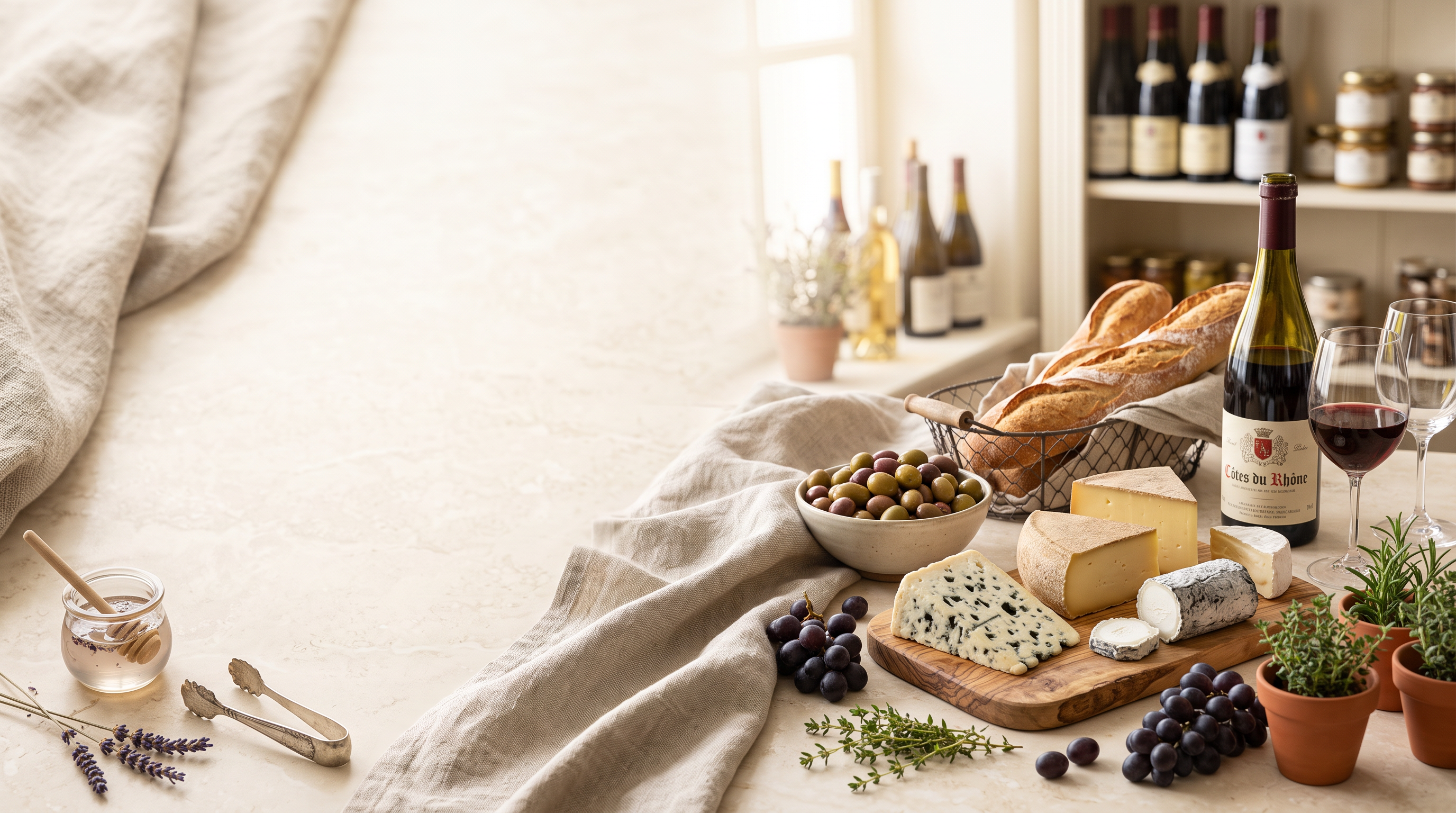 Een Frans aperitief-tafereel bij het raam: kaasplank, brood, olijven, honing en een fles Côtes du Rhône
