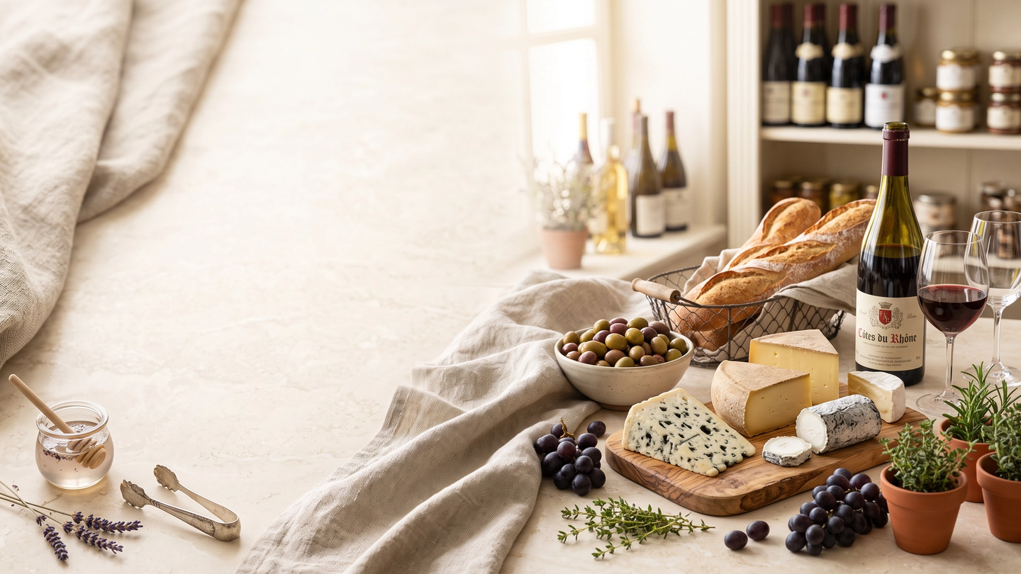 Een Frans aperitief-tafereel bij het raam: kaasplank, brood, olijven, honing en een fles Côtes du Rhône