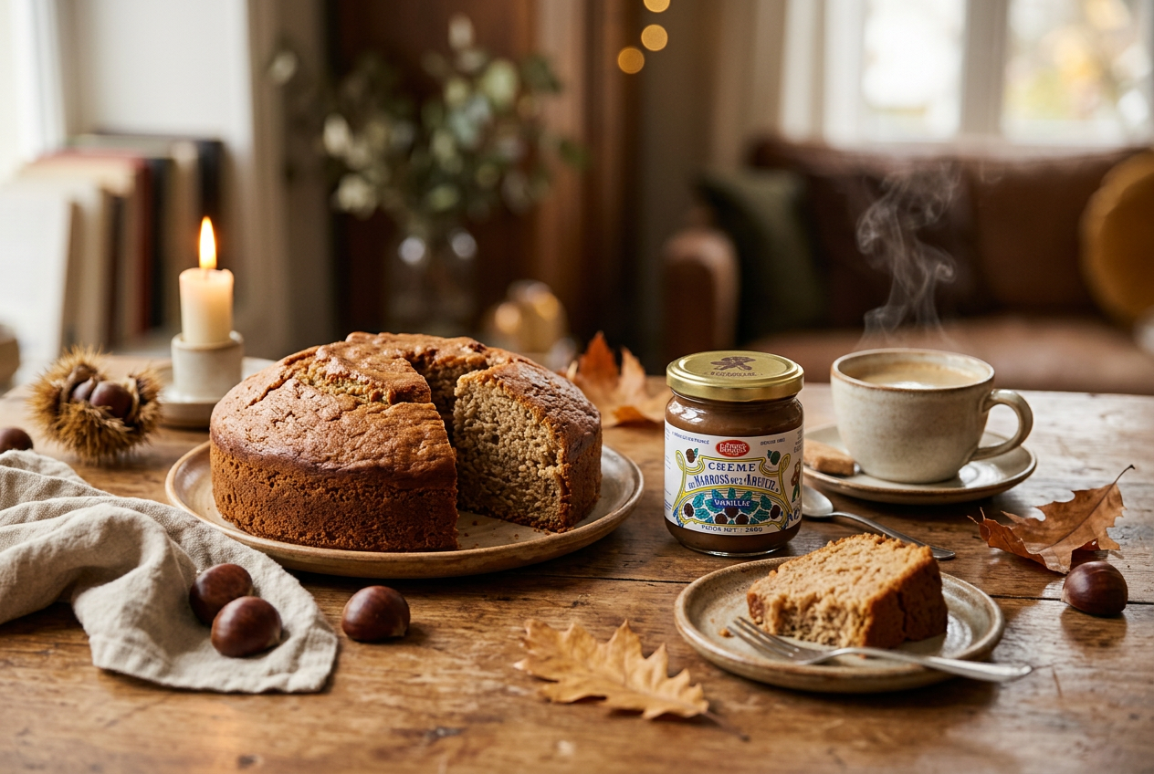 Kastanjecake op tafel met kastanjecrème van Clément Faugier en kop koffie in de herfst