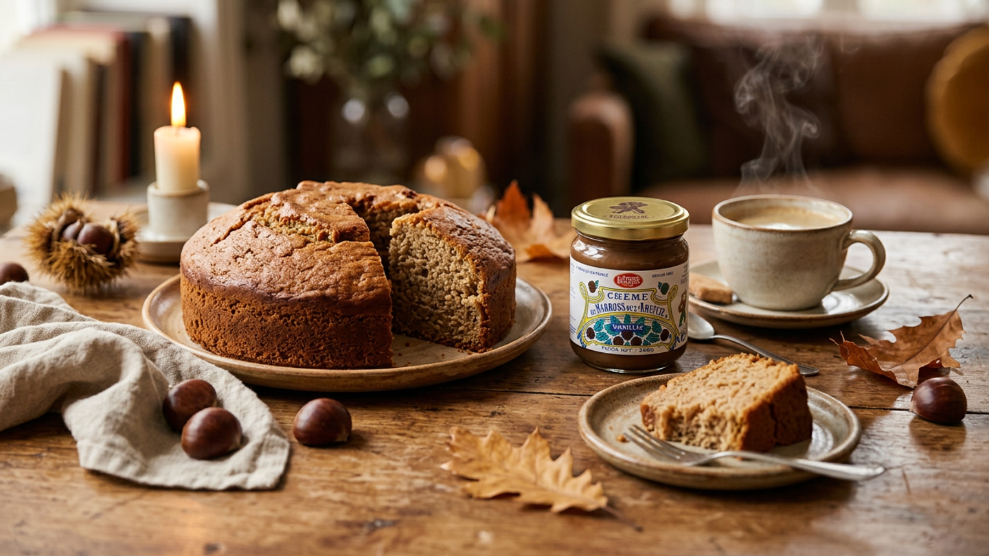 Kastanjecake op tafel met kastanjecrème van Clément Faugier en kop koffie in de herfst