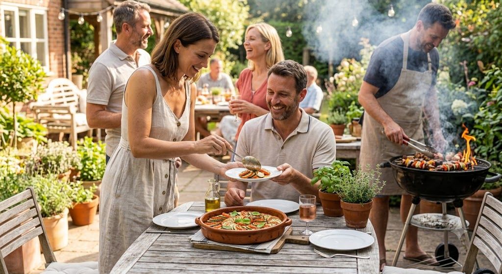 zomerse barbecue in de tuin met mensen die genieten van een tian d'été