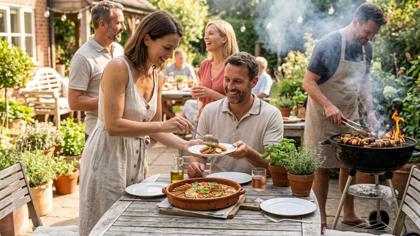 zomerse barbecue in de tuin met mensen die genieten van een tian d'été