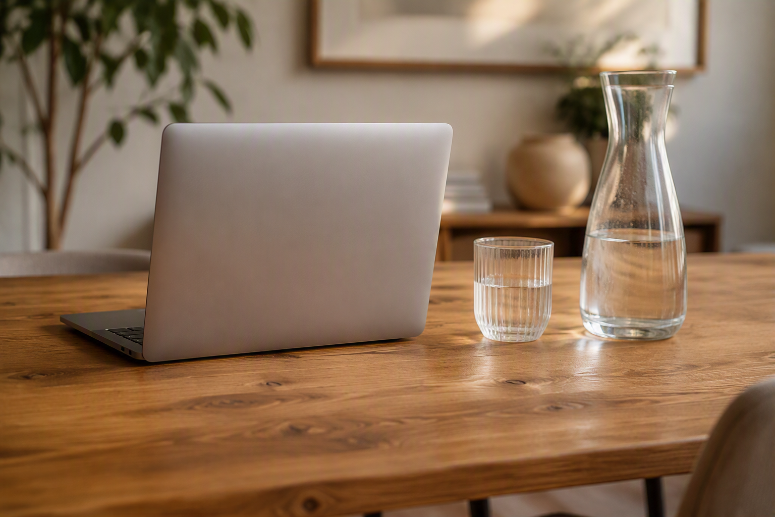 Laptop waarop wordt vertaald en een glas water met een karaf water