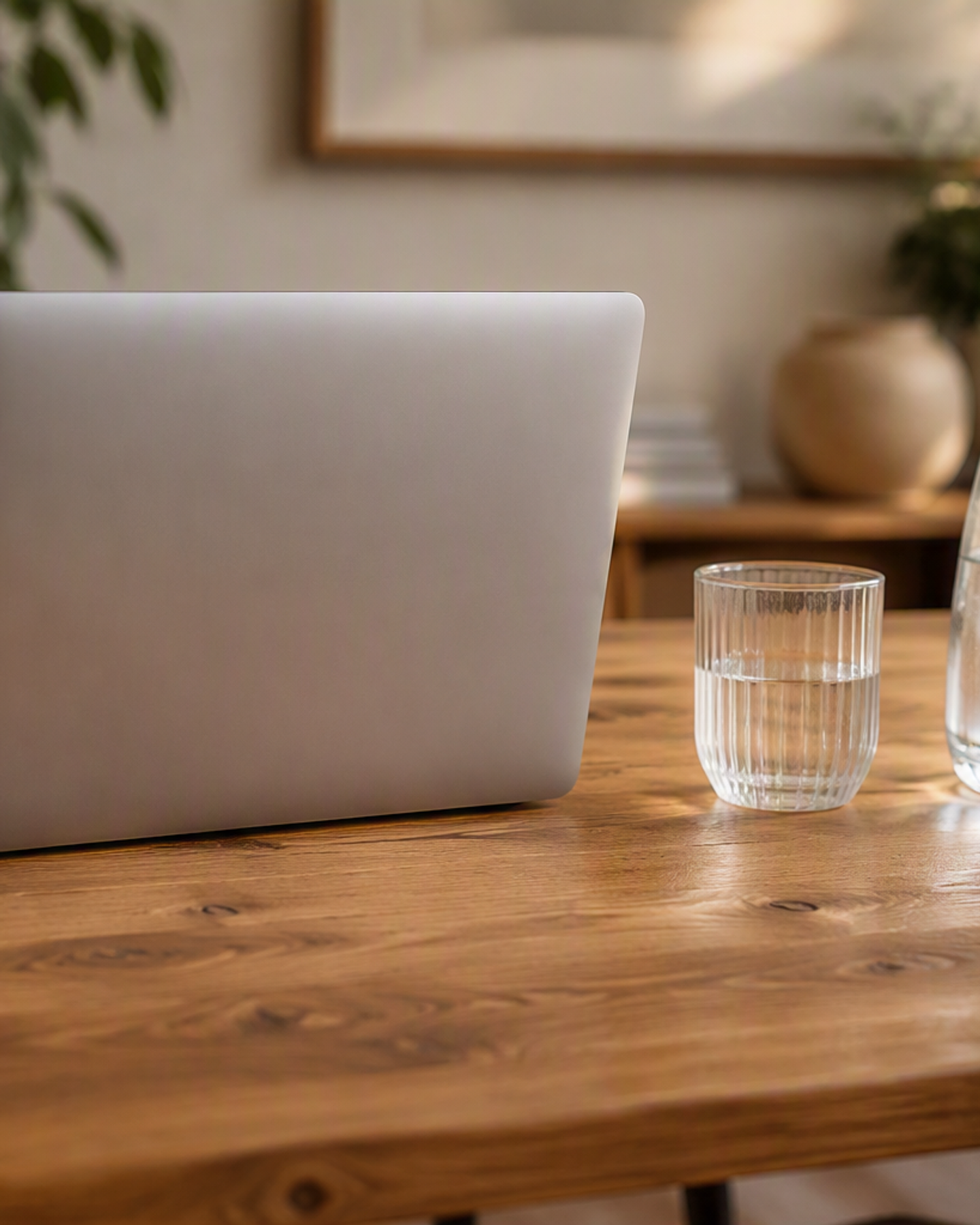 Laptop waarop wordt vertaald en een glas water met een karaf water