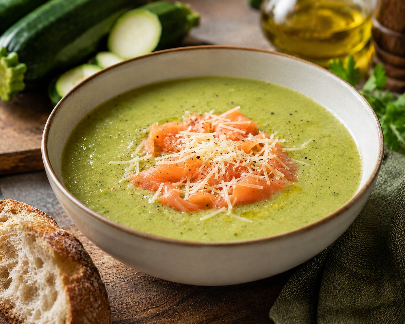courgettesoep met gerookte zalm en geraspte kaas