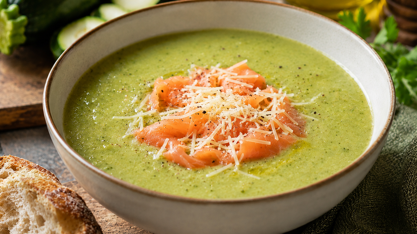 courgettesoep met gerookte zalm en geraspte kaas