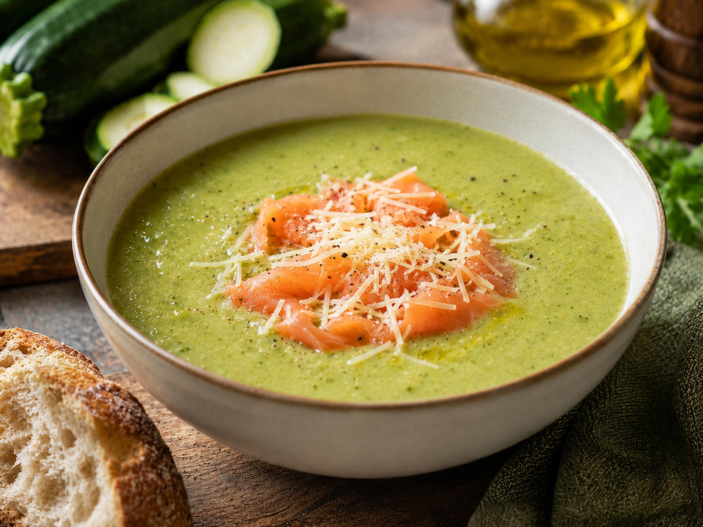 courgettesoep met gerookte zalm en geraspte kaas