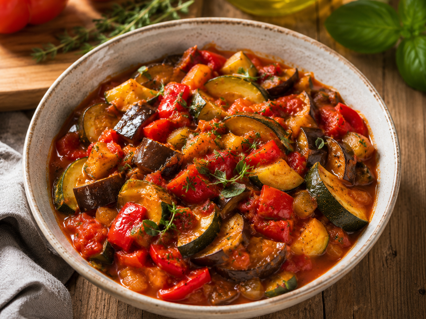 Ratatouille met tomaat, paprika, aubergine