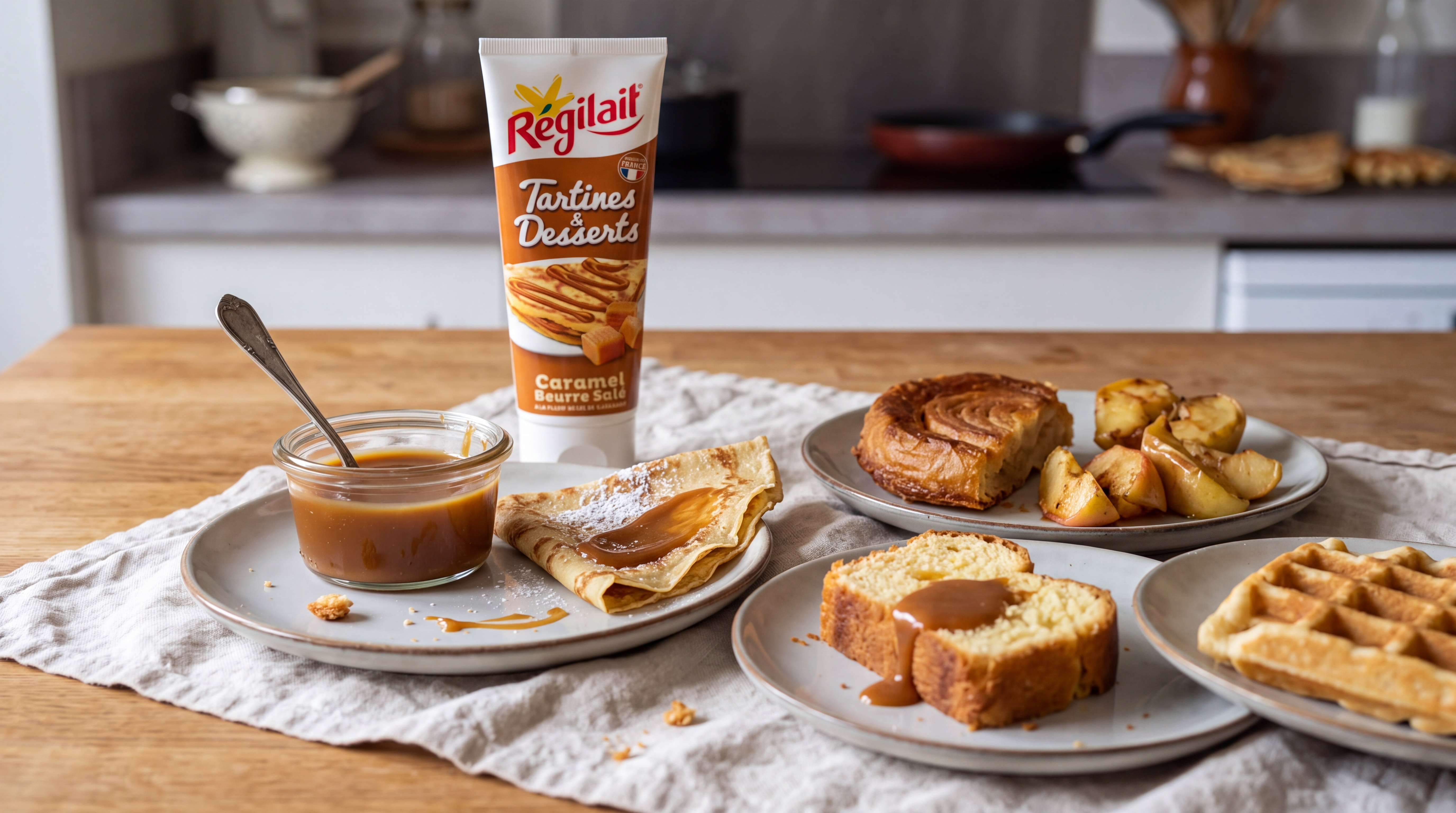 Tube Régilait gezouten boterkaramel 300 g met crêpes, wafel, cake en appel