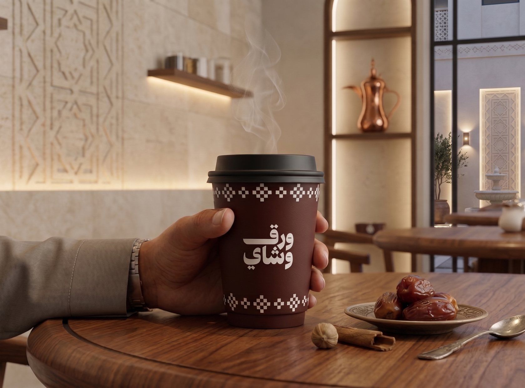 يد تمسك كوب ورق وشاي بجانب طبق تمر