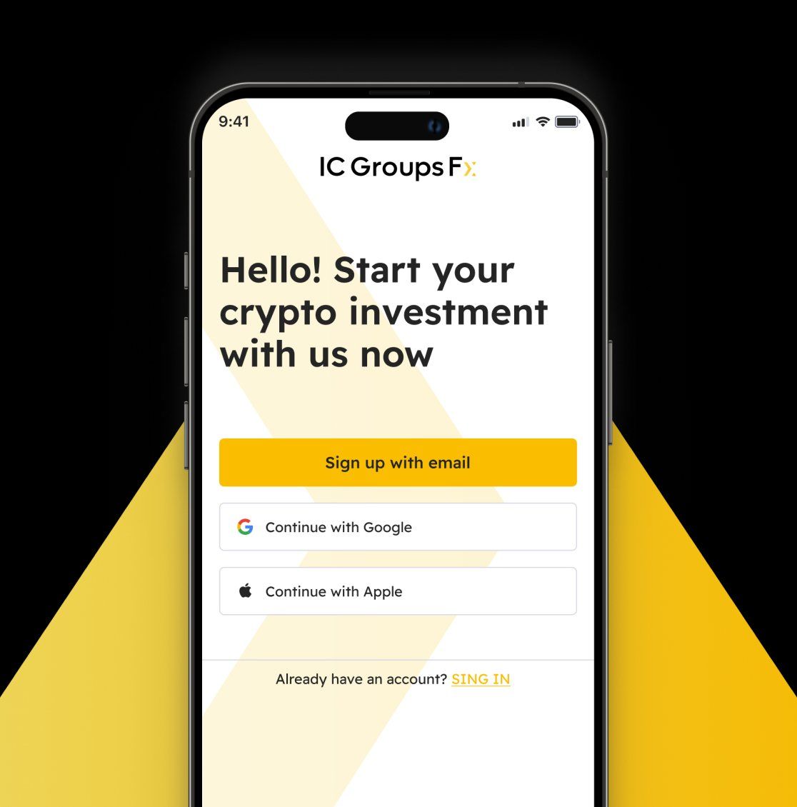 شاشة التسجيل في تطبيق IC Groups FX على هاتف