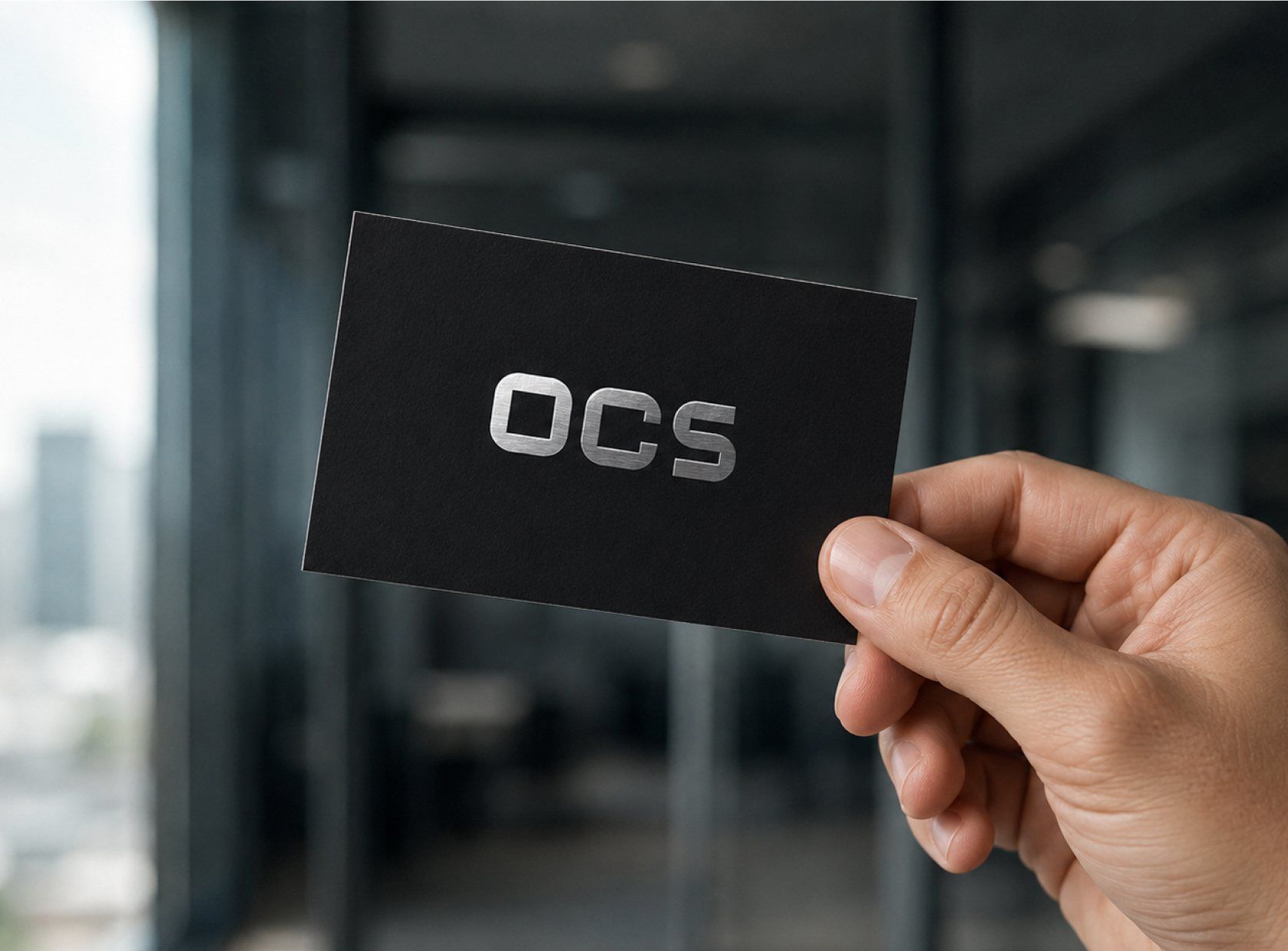 يد تمسك بطاقة عمل سوداء عليها شعار OCS