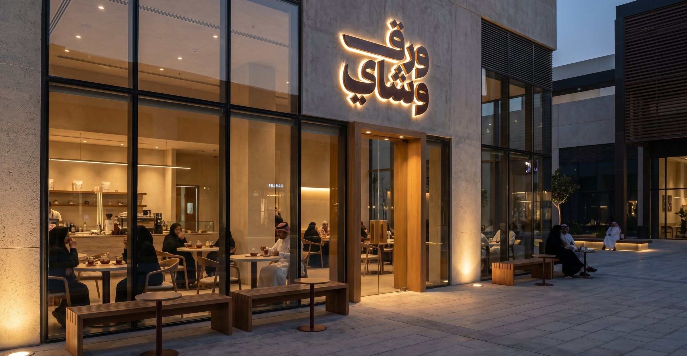 واجهة محل ورق وشاي ليلاً والشعار مضاء فوق المدخل