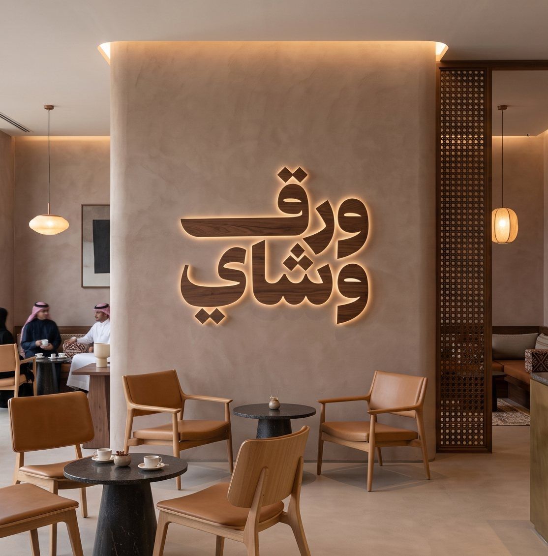 شعار ورق وشاي مضاء على جدار داخل المحل