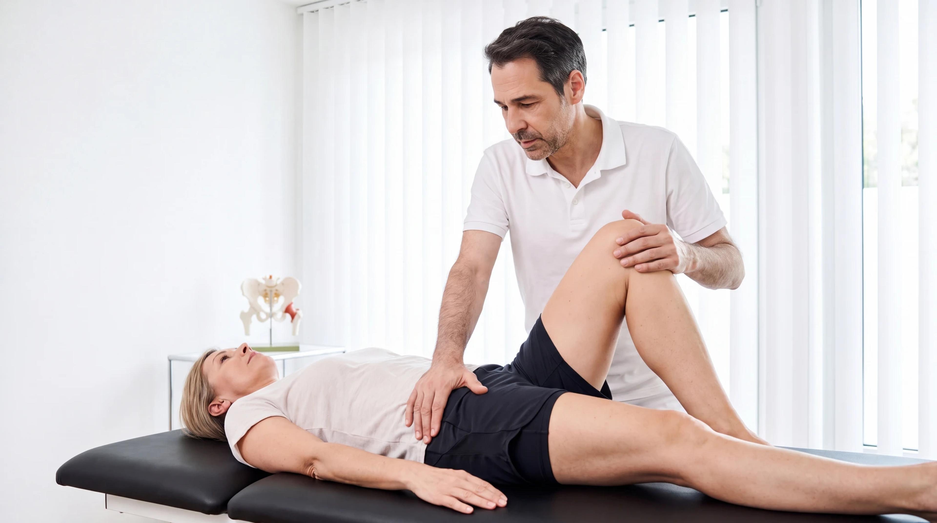Orthopäde untersucht die Beweglichkeit des Hüftgelenks einer Patientin auf der Behandlungsliege