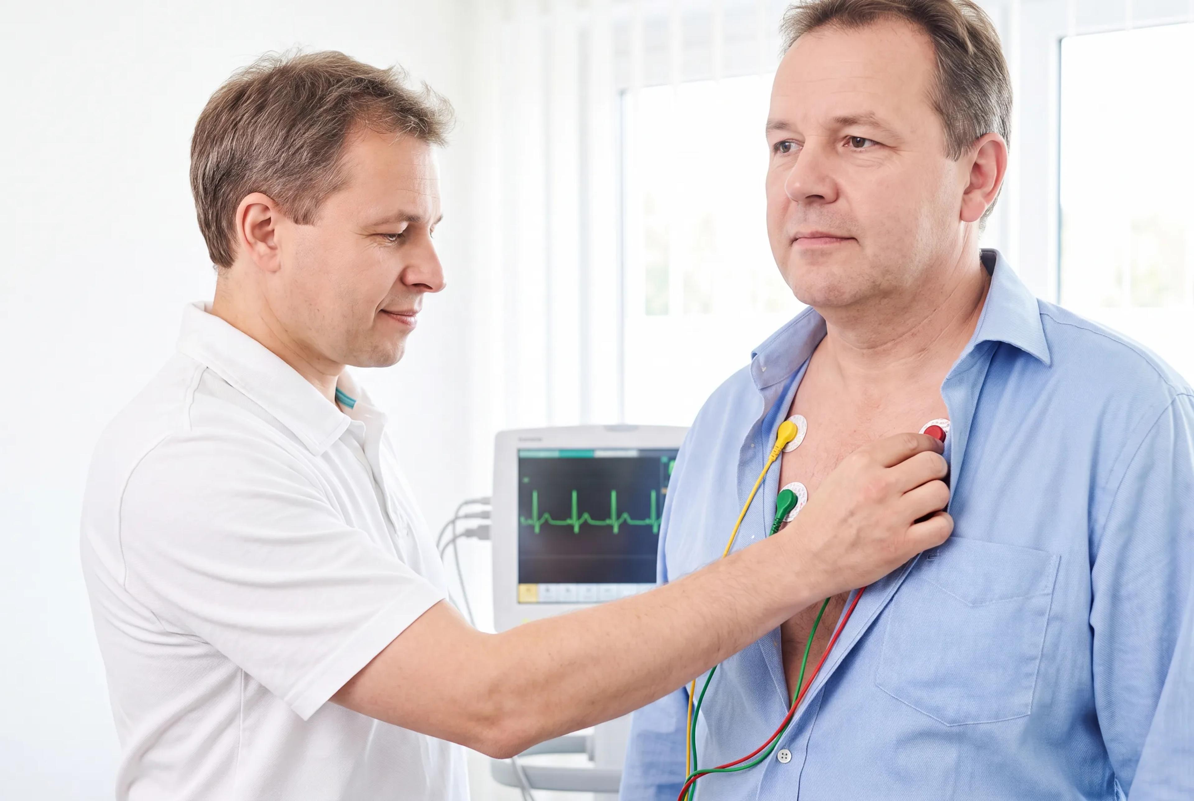 Arzt bringt bei einer Herzratenvariabilitätsmessung die EKG-Elektroden am Oberkörper eines Patienten an
