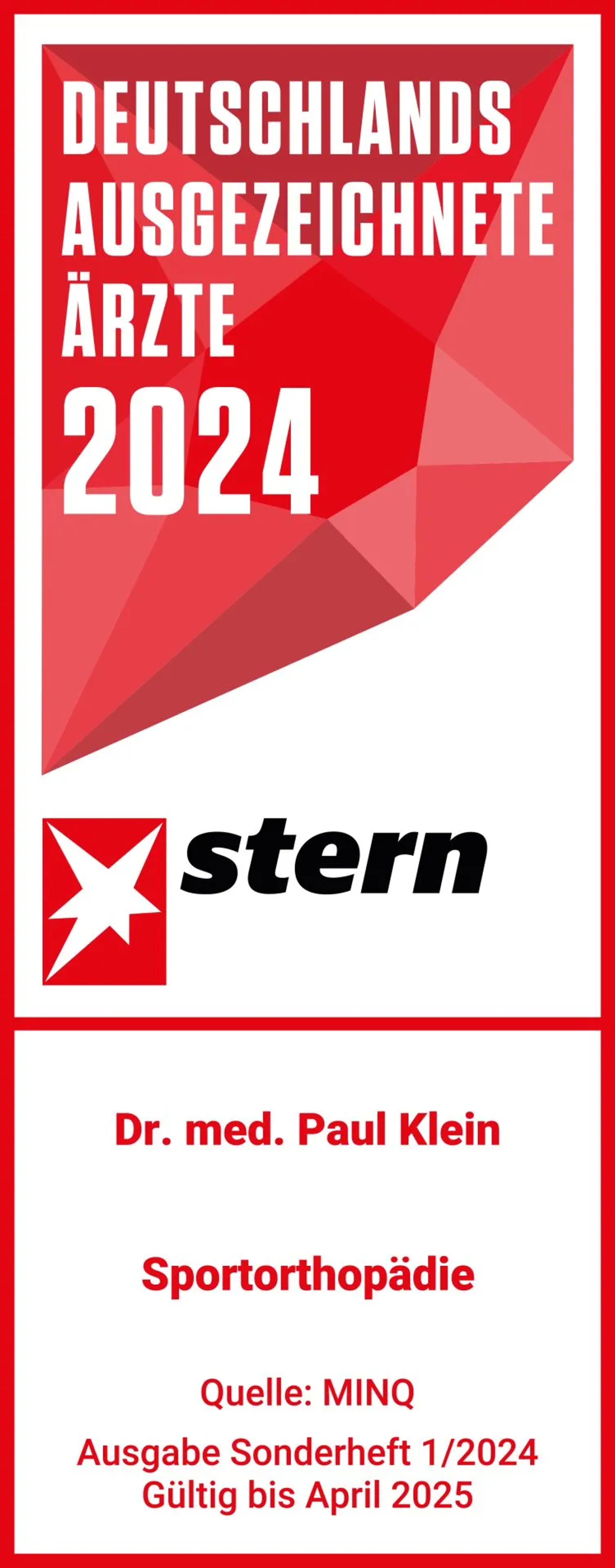 2024 Stern Deutschlands Ausgezeichnete Ärzte - Sporthorthopädie
