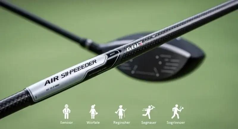 エアスピーダーシャフトを主役に、背景にGT1ドライバーを配置。シニアや女性、初心者、スイングがゆったりしたゴルファー向けを象徴するシルエット付きのイメージ
