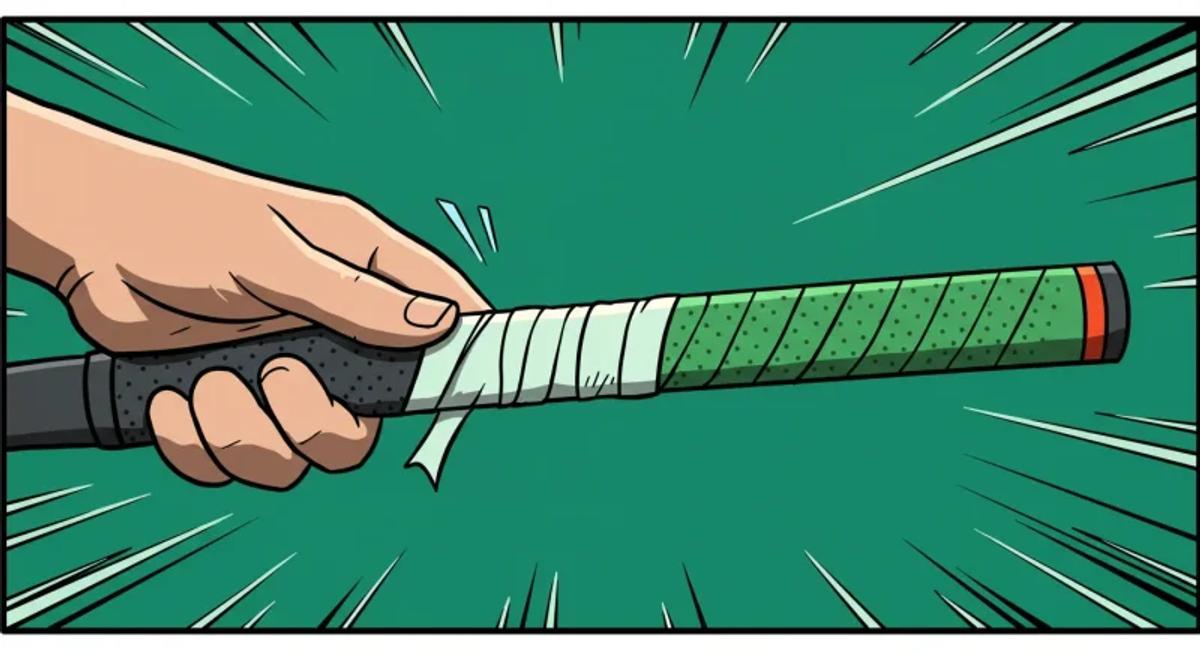 グリップにテープを巻く様子を漫画風に描いた抽象イラスト。DIYの楽しさとテクニックを表現。