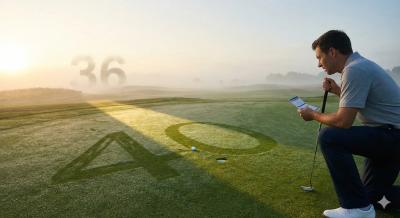 ゴルフ100切りの現実的な目標であるパット数「40」がグリーン上に浮かび上がり、幻想の「36」が霧の中に消えていく様子。スコアカードを見つめ、戦略を練るゴルファーのメインビジュアル。