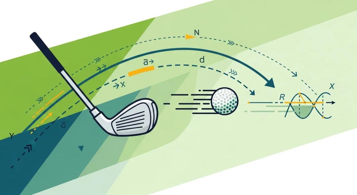 ゴルフのスイングスピードと飛距離の物理的関係をイメージしたフラットデザインのイラスト。クラブとボール、軌道線や速度を示す矢印などを抽象的に構成。緑や青を基調に統一し、画像端に小さくロゴを配置。