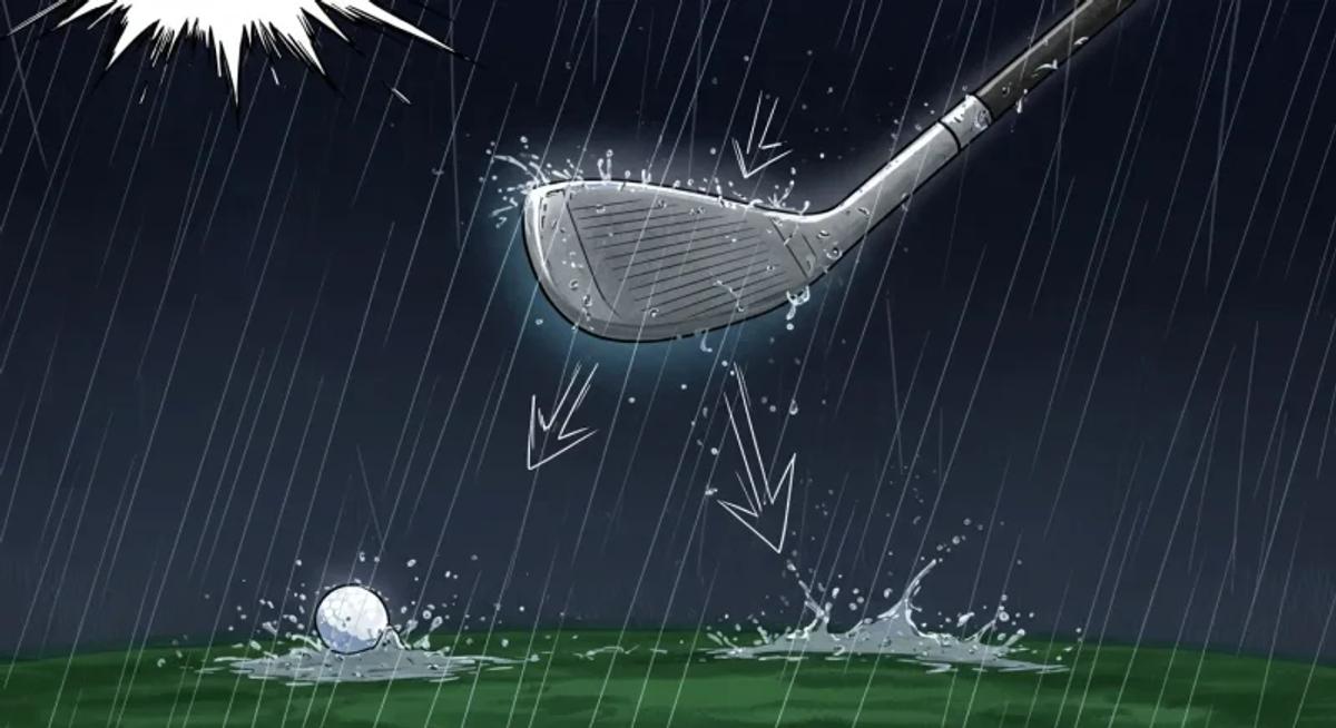 雨粒が下向きの矢印となってゴルフクラブを滑らせるように描かれ、手のシルエットがクラブから離れていく様子を抽象的に表現した漫画風イラスト。