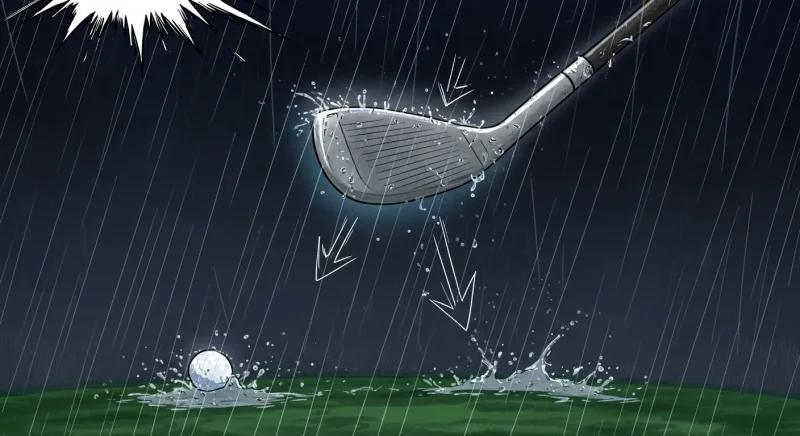 雨粒が下向きの矢印となってゴルフクラブを滑らせるように描かれ、手のシルエットがクラブから離れていく様子を抽象的に表現した漫画風イラスト。