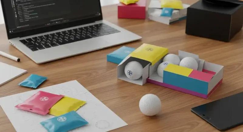 企業ロゴ入りのオリジナルゴルフボール箱の印刷・制作過程の様子