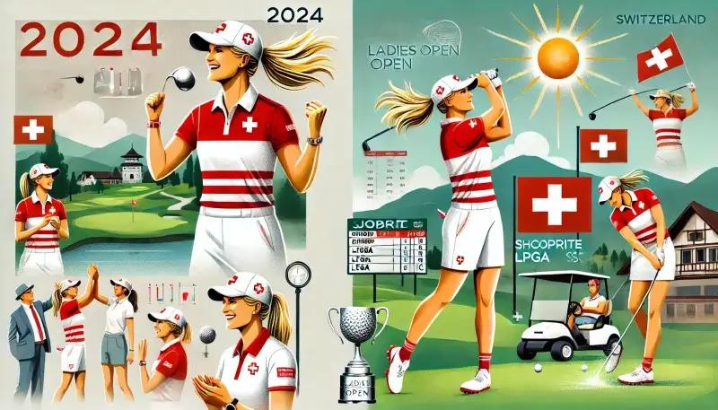 スイスのゴルファー、モルガン・メトローが2024年シーズンに金髪で活躍する様子を描いたイラスト。ジャブラレディースオープンでの勝利を祝うシーンと、LPGAイベントでの集中したプレーの場面が含まれています。背景にはゴルフコース、リーダーボード、トロフィーがあり、勝利と挑戦の両方を象徴しています。メトローはスイス国旗の赤と白のゴルフウェアを着用し、晴天の下でプレーしています。