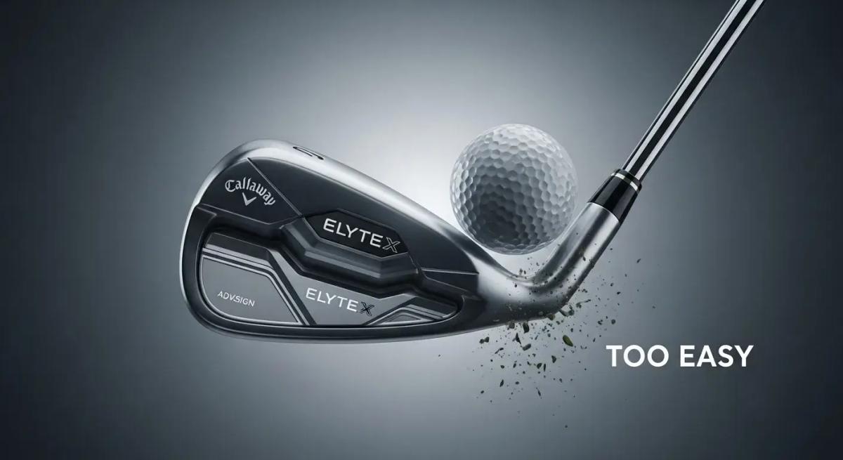 キャロウェイ ELYTE X アイアンがインパクト直後にボールを強く弾き飛ばす瞬間を描いた、やさしさと飛距離性能を象徴するダイナミックなビジュアル。AI設計の力強さと“ズルいほど簡単”な印象を高品質に表現。ロゴは画像端に配置。