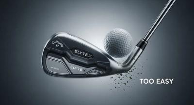 キャロウェイ ELYTE X アイアンがインパクト直後にボールを強く弾き飛ばす瞬間を描いた、やさしさと飛距離性能を象徴するダイナミックなビジュアル。AI設計の力強さと“ズルいほど簡単”な印象を高品質に表現。ロゴは画像端に配置。