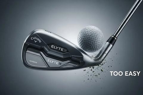 キャロウェイ ELYTE X アイアンがインパクト直後にボールを強く弾き飛ばす瞬間を描いた、やさしさと飛距離性能を象徴するダイナミックなビジュアル。AI設計の力強さと“ズルいほど簡単”な印象を高品質に表現。ロゴは画像端に配置。