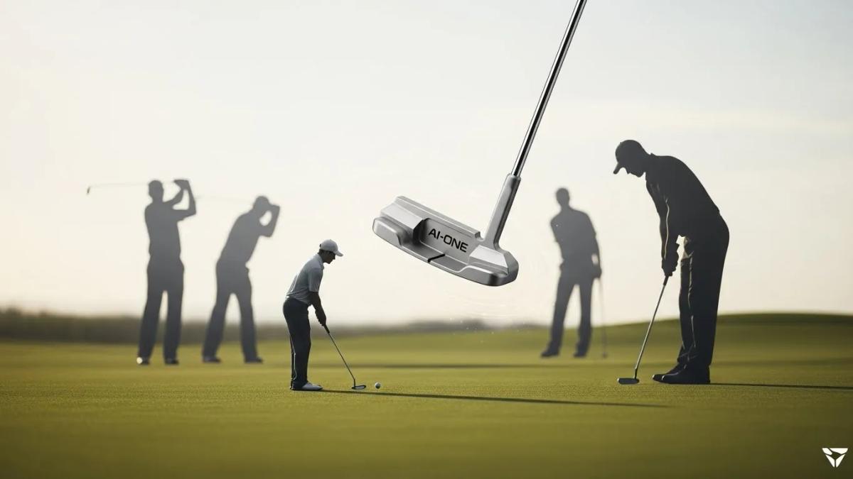 小柄なゴルファーが、一般的なパターを「魔法の杖」のように操り、体格の大きなライバルたちに立ち向かう様子を表現したイメージ。特定モデルと分からない現代的なパター形状で、柔らかい打感と秘めたパワーを、控えめな光やオーラで暗示。力任せではなく、コントロールと自信で勝負する雰囲気を、統一された色調とタッチで描写。ロゴは画像の端に1箇所のみ配置し、パターや人物には入れない。