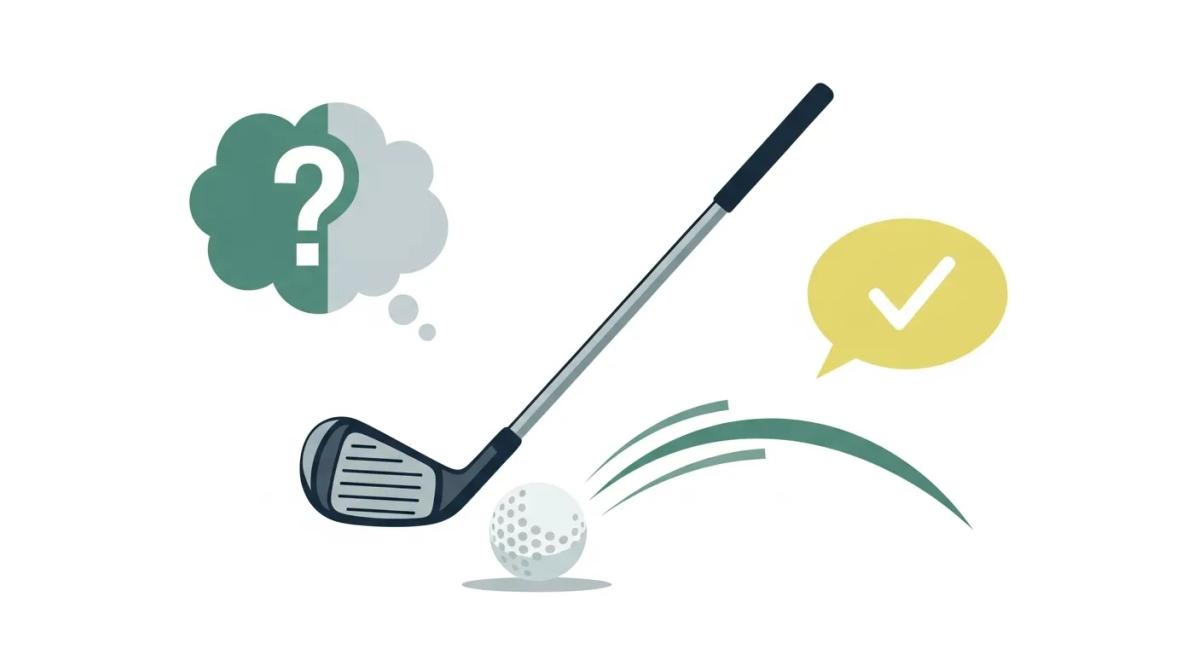 スイングスピードに関するQ&Aを象徴するフラットデザイン。ゴルフボールやクラブとともに、抽象的な吹き出しや疑問符を組み合わせた構成。統一感ある青緑系トーンで、端にロゴを配置。