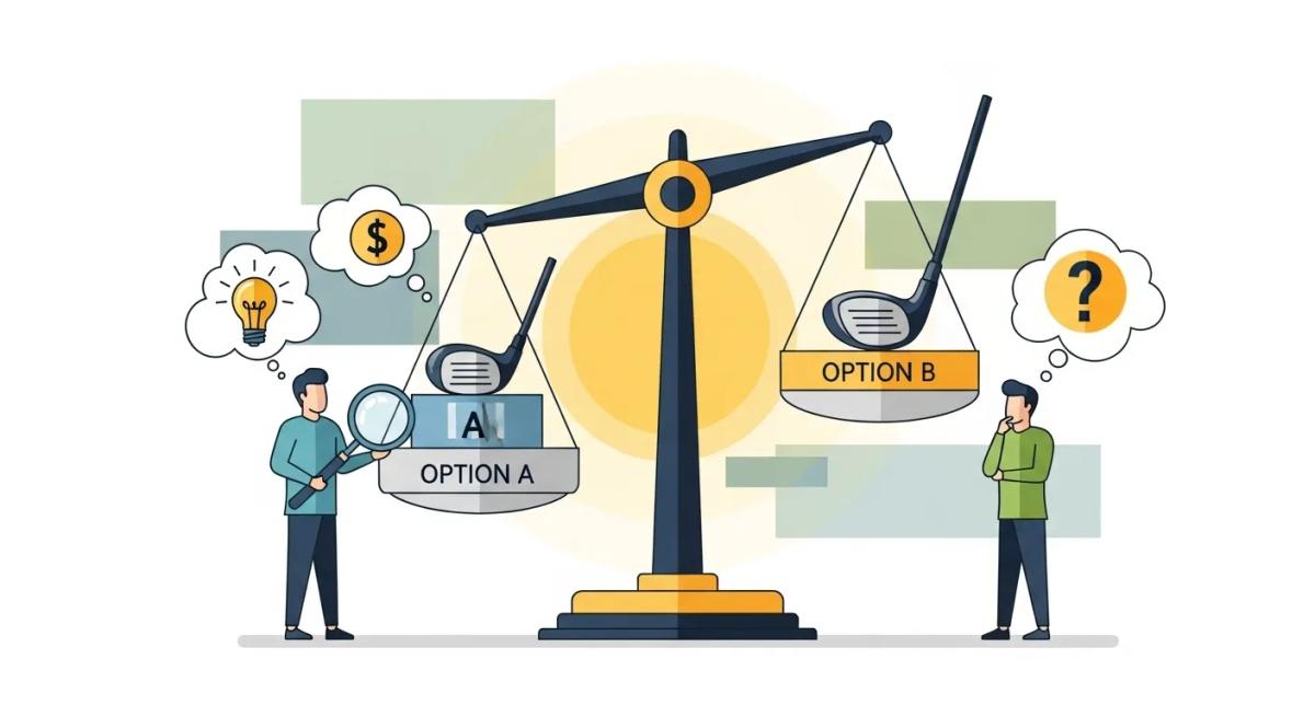 新作ゴルフドライバーを「買うか待つか」を象徴する判断のイメージ。シンプルで洗練されたフラットデザイン、ブランドロゴは端に配置。