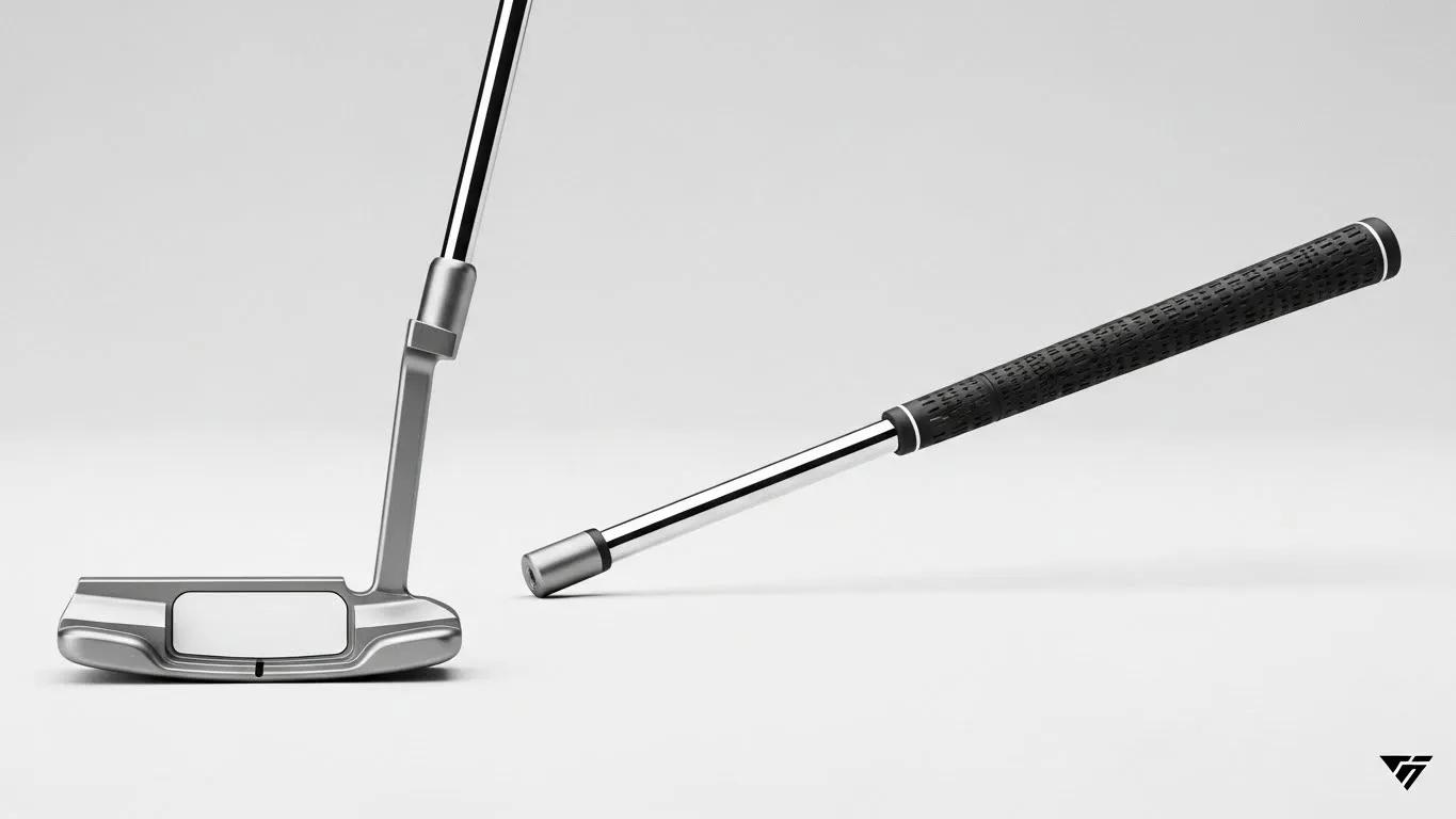 軽量シャフトのグリップ交換によって生じる、パター全体のバランス崩壊リスクを表現したイメージ。特定モデルが分からない一般的なパター形状で、重心の偏りや不安定な姿勢など、改造による予期せぬ変化を暗示的に描写。色調とタッチは統一し、ロゴは画像端に1箇所のみ配置。被写体へのロゴ挿入はなし。