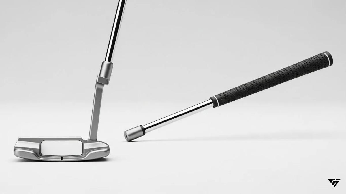 軽量シャフトのグリップ交換によって生じる、パター全体のバランス崩壊リスクを表現したイメージ。特定モデルが分からない一般的なパター形状で、重心の偏りや不安定な姿勢など、改造による予期せぬ変化を暗示的に描写。色調とタッチは統一し、ロゴは画像端に1箇所のみ配置。被写体へのロゴ挿入はなし。