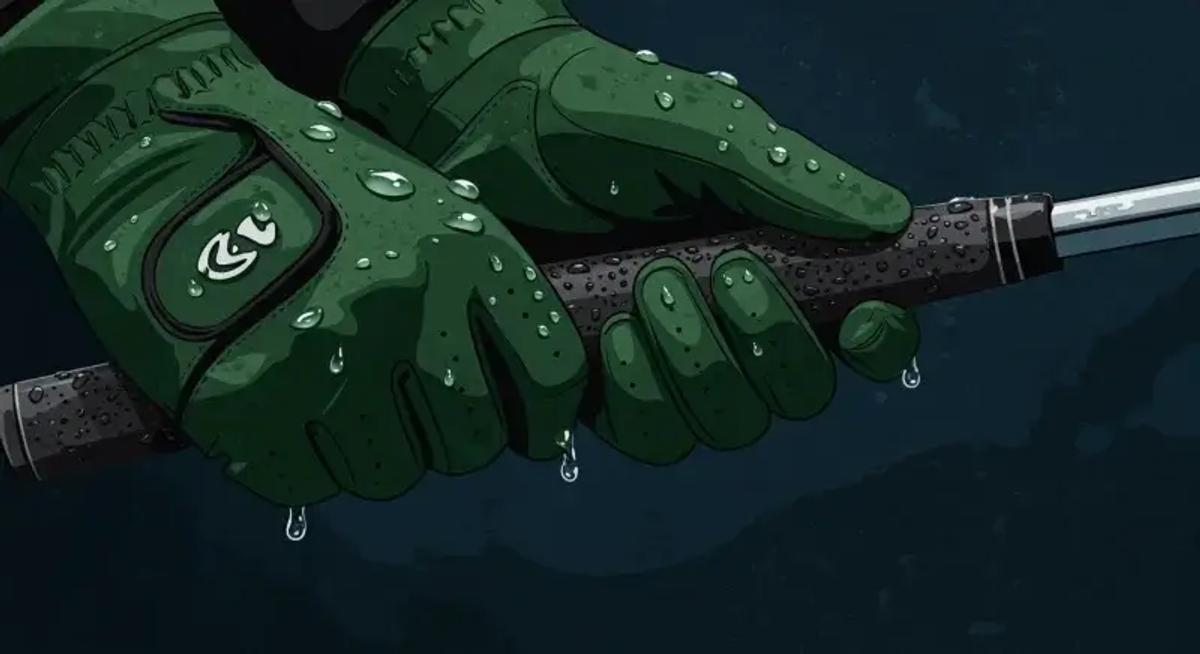 雨天に強いグローブを着用したゴルファーの抽象的イラスト｜梅雨のゴルフ用防水対策ランキングイメージ