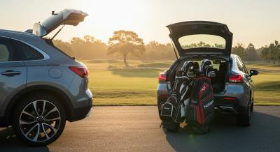 朝日が差し込むゴルフ場の駐車エリアで、トランクにゴルフバッグを積んだスタイリッシュな車が佇むイメージ。上質で自由な週末ドライブを象徴。