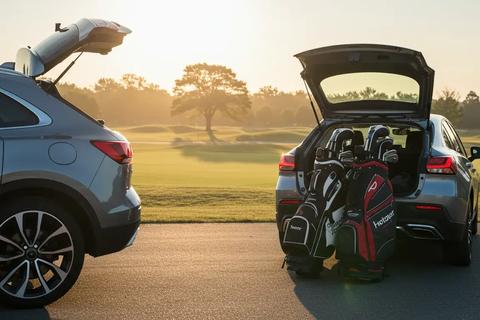 朝日が差し込むゴルフ場の駐車エリアで、トランクにゴルフバッグを積んだスタイリッシュな車が佇むイメージ。上質で自由な週末ドライブを象徴。