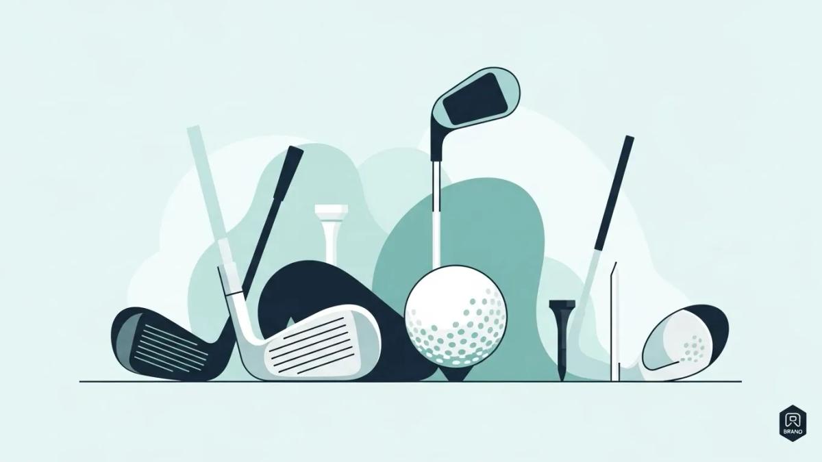 ゴルフにおいて道具がミスを減らす役割を持つことを、抽象的に表現したフラットイラスト。  ファイル名