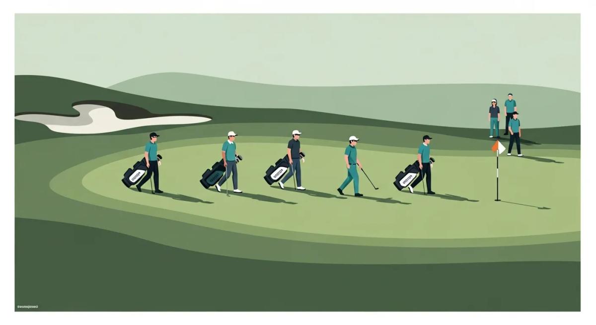 最終ホールのグリーン付近を斜め構図で描いたフラットイラスト。5人組が効率よく進行し、別グループは距離を保つ。文字なし、ミドルワイドで表現し、色調はシリーズ統一。ロゴは左下端の芝の余白に極小で配置。